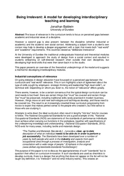 Being Irrelevant: A model for developing interdisciplinary teaching and learning