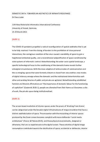 Domestic Data: Towards an Aesthetics of Intimate Resistance