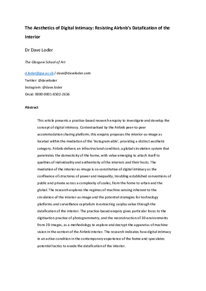 The Aesthetics of Digital Intimacy: Resisting Airbnb’s Datafication of the Interior