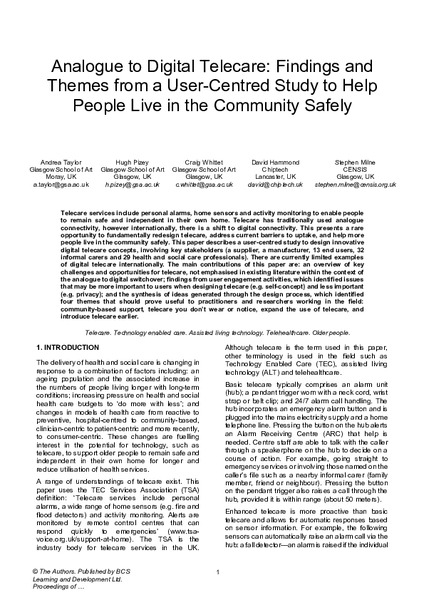 Analogue to Digital Telecare: Findings and Themes from a User-Centred Study to Help People Live in the Community Safely