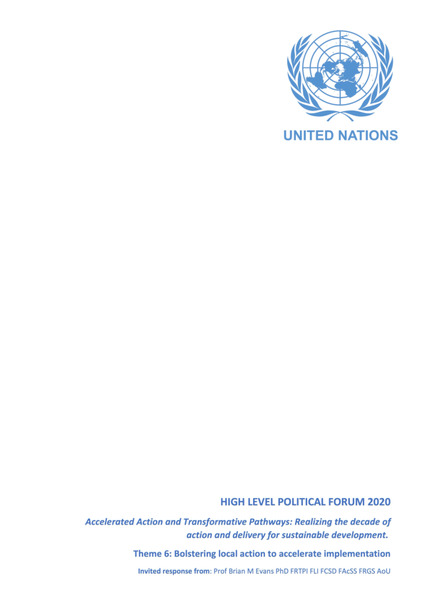 UN High Level Political Forum 2020: Accelerated Action and Transformative Pathways: Realizing the decade of action and delivery for sustainable development. Theme 6: Bolstering local action to accelerate implementation