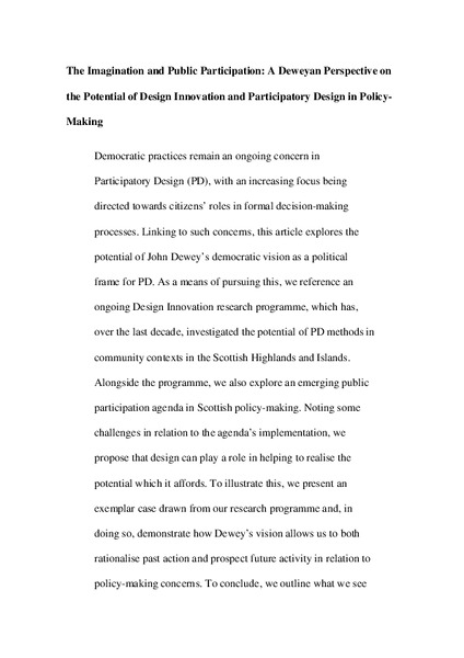 The Imagination and Public Participation: A Deweyan Perspective on
the Potential of Design Innovation and Participatory Design in Policy-Making