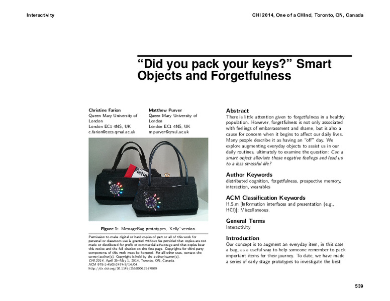 Did you pack your keys? Smart objects and forgetfulness