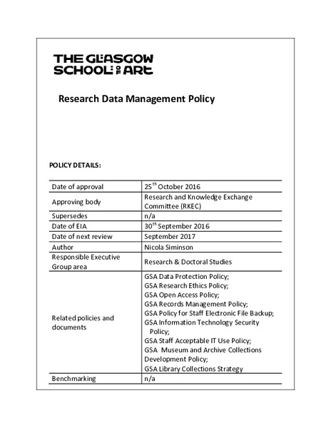 The Glasgow School of Art's Research Data Management Policy