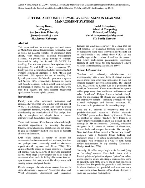 Putting a Second Life "Metaverse" Skin on Learning Management Systems