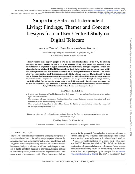 Supporting Safe and Independent Living: Findings, Themes and Concept Designs from a User-Centred Study on Digital Telecare