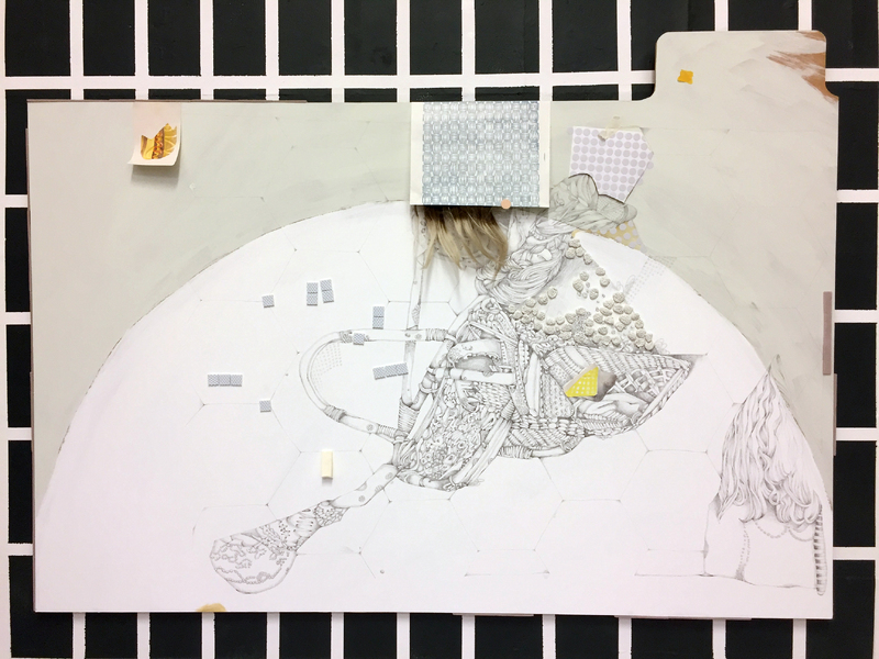 Diagnosticard (2019) Pencil, watercolour and acrylic on paper and board with felt, stickers, clay, printed bag and human hair