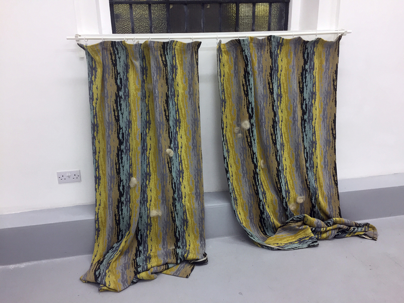 Soft Furnishings (2019), human hair, cotton thread, curtains