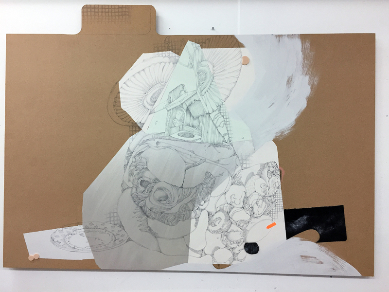 Diagnosticard (2019), acrylic, pencil, sandpaper, furniture protectors, tape and crayon on board, 90 x 120 cm. (studio image)