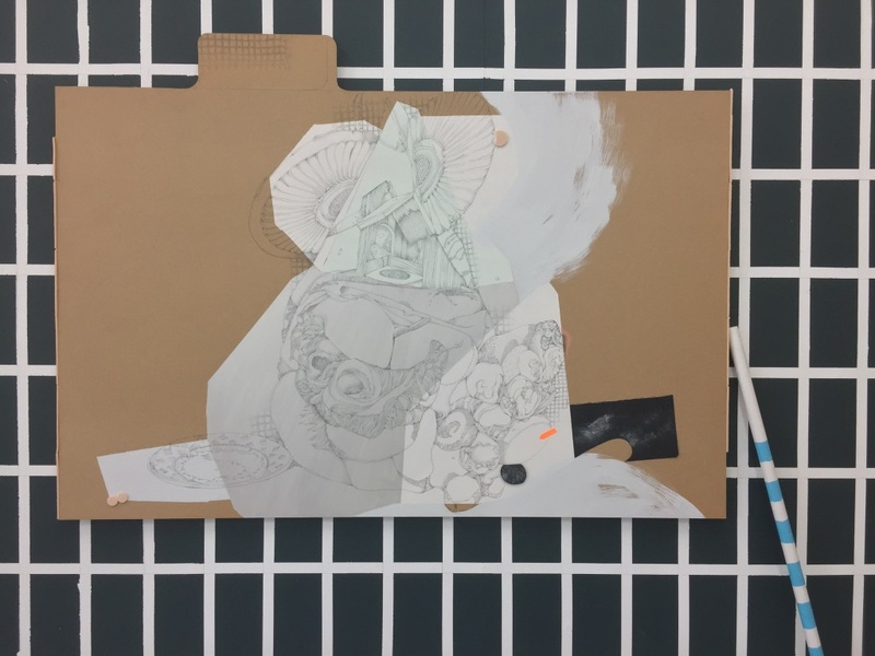 Diagnosticard (2019), acrylic, pencil, sandpaper, furniture protectors, tape and crayon on board, 90 x 120 cm. (3 works in series.)