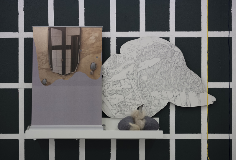 Dirty Rearranger (2017) Pencil and acrylic on board, wooden shelf, pop-up printed banner, hair, wax object