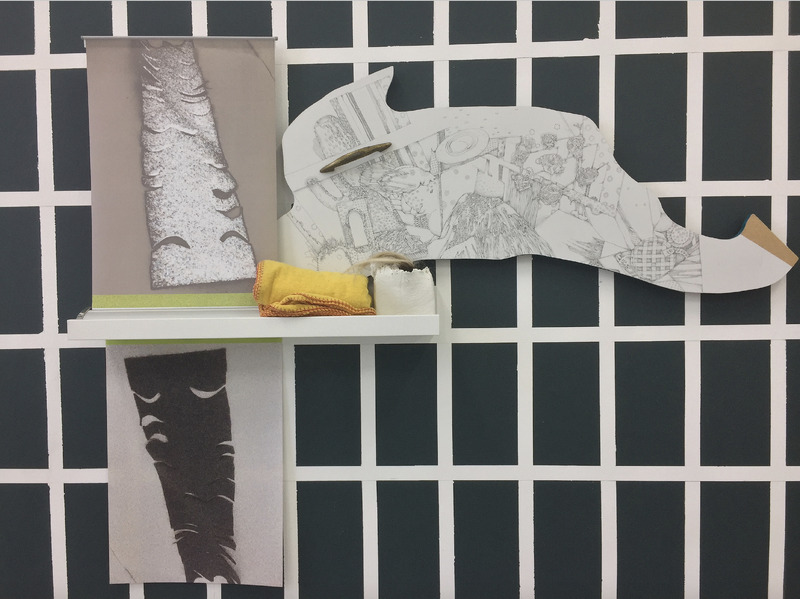 Brow-wiper (2019) Pencil, watercolour and acrylic on board with brass handle, duster, clay, pop-up banner, digital print and human hair
