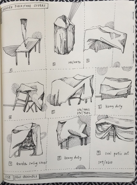 Page 558. Garden & DIY. ‘Stacking Patio Bench Swing Set Cover.’ (Plaguecation: book of drawings)