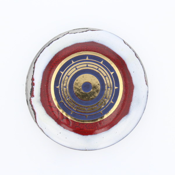 Watcher, Badge, 2018, SSteel (recycled watch back case), enamel and nickel, 40mm Diam x 8mm