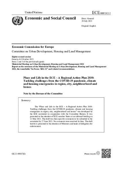 Place and Life in the ECE – A Regional Action Plan 2030: Tackling challenges from the COVID-19 pandemic, climate and housing emergencies in region, city, neighbourhood and homes