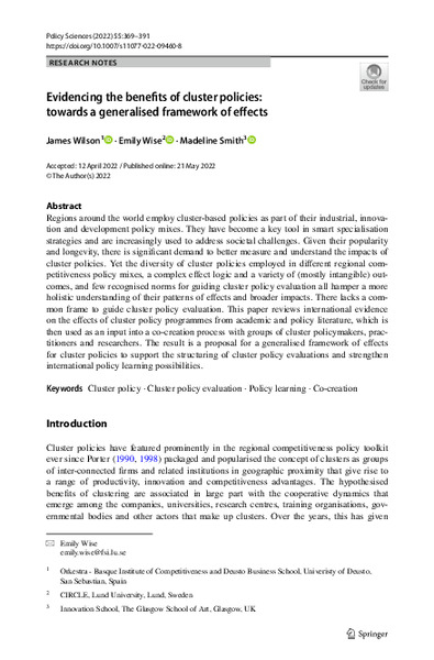Evidencing the benefits of cluster policies: Towards a generalised framework of effects