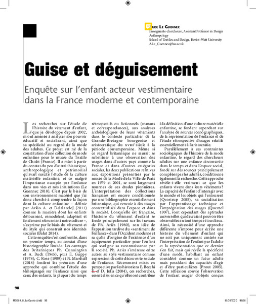 Guise et déguisement: L’enfant acteur vestimentaire dans la France moderne et contemporaine
