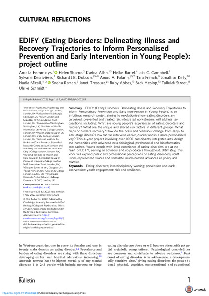 EDIFY (Eating Disorders: Delineating Illness and Recovery Trajectories to Inform Personalised Prevention and Early Intervention in Young People): project outline