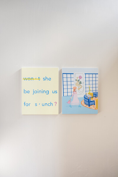 Laurence Figgis, Won’t she be joining us for s’unch?, 2022, dye-sublimation print, acrylic paint on two canvases, each 60 x 47 cm, ©Laurence Figgis