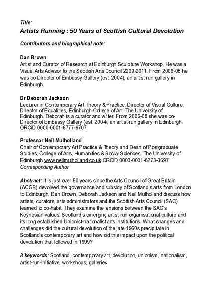 Artists Running: Fifty Years of Scottish Cultural Devolution