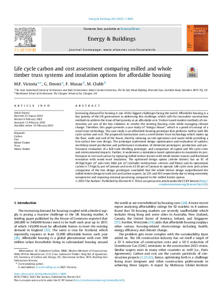 Life cycle carbon and cost assessment comparing milled and whole
timber truss systems and insulation options for affordable housing