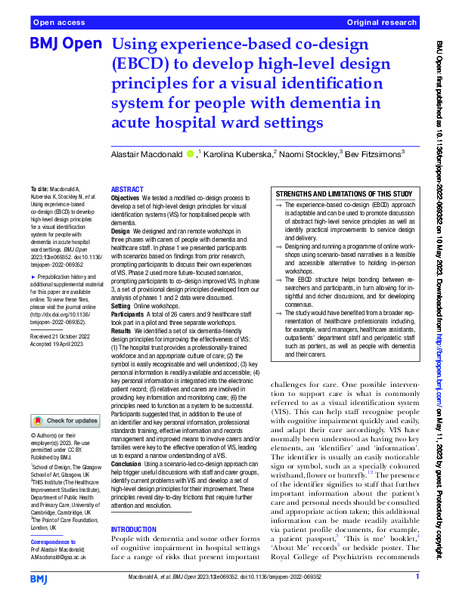 Using experience-based co-design (EBCD) to develop high-level design principles for a visual identification system for people with dementia in acute hospital ward settings