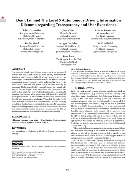 Don’t fail me! The Level 5 Autonomous Driving Information Dilemma regarding Transparency and User Experience