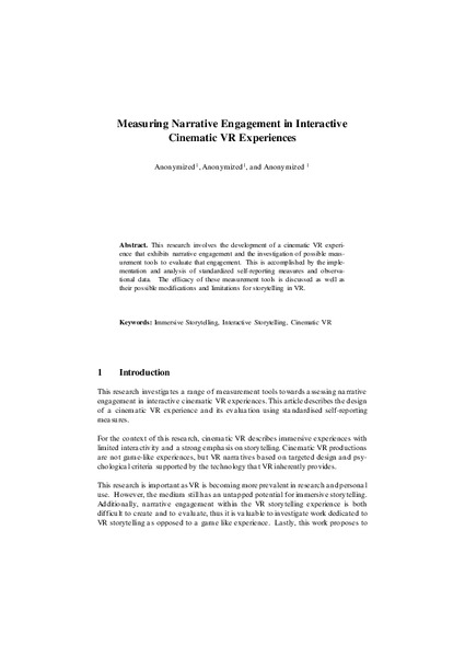 Measuring Narrative Engagement in Interactive Cinematic VR Experiences