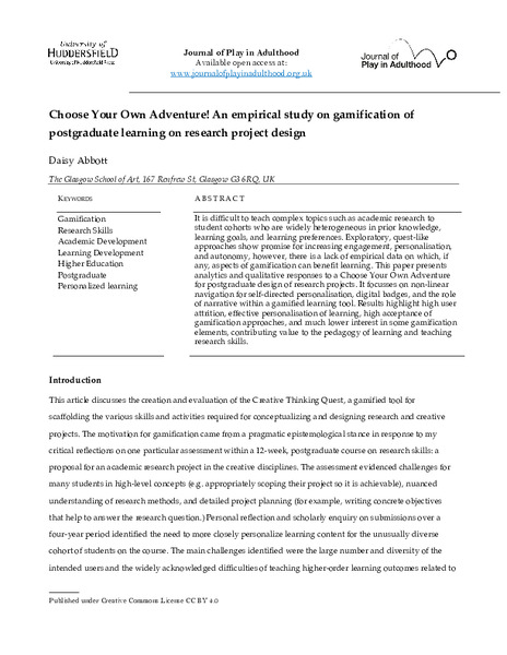Choose Your Own Adventure! An empirical study on gamification of postgraduate learning on research project design