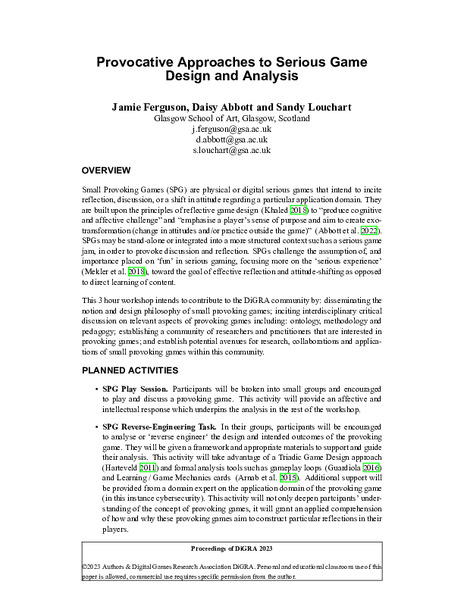 Provocative Approaches to Serious Game Design and Analysis