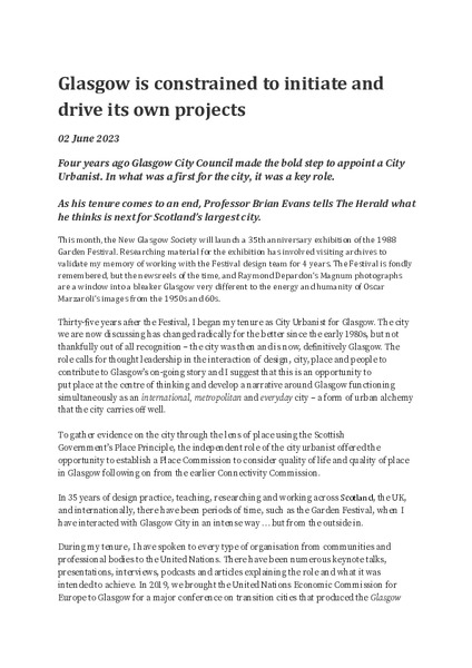 Glasgow is constrained to drive forward its own projects