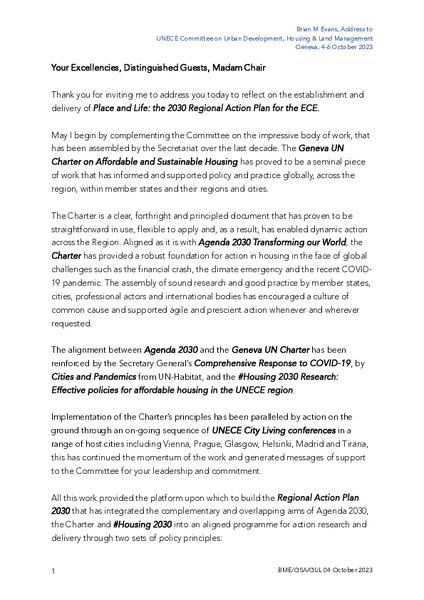 The Delivery of Place and Life: the 2030 Regional Action Plan for the UN European Commission for Europe address to UN Geneva