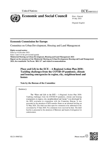 The Delivery of Place and Life: the 2030 Regional Action Plan for the UN European Commission for Europe address to UN Geneva