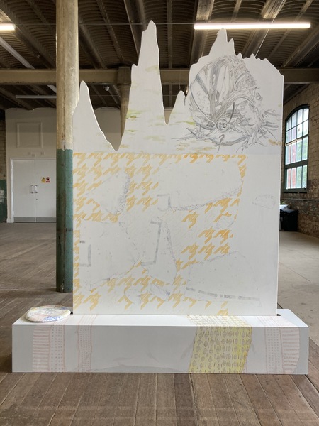 Zoë Mendelson Sensorscape 3 (Space Junk) 2023 oil on wood with foresso;  watercolour & coloured pencil on poured plaster 'sensor'