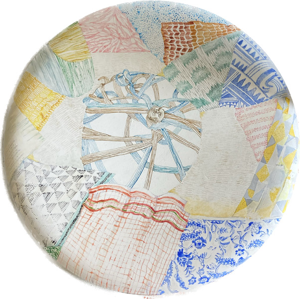 Zoë Mendelson Sensorscape 3 (Space Junk) 2023 - detail: watercolour & coloured pencil on poured plaster 'sensor'