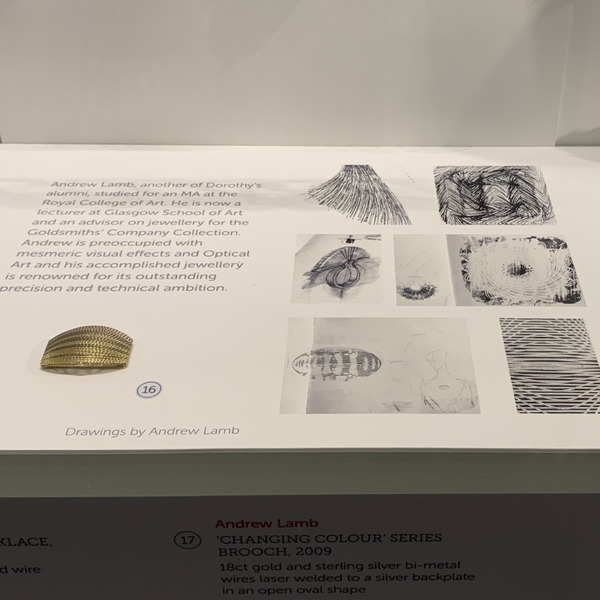 Drawings and Optical Brooch. Life and Legacy Exhibition at Goldsmiths' Hall London