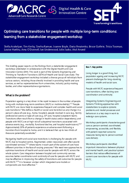 Optimising care transitions for people with multiple long-term conditions: learning from a stakeholder engagement workshop