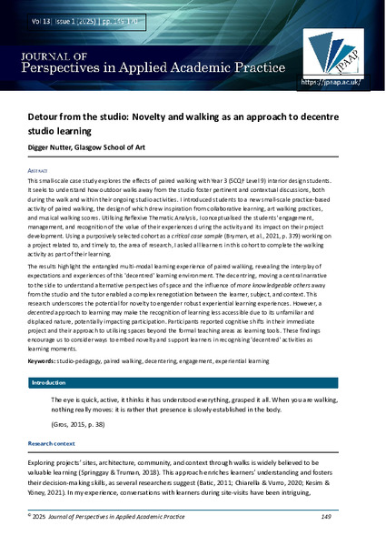 Detour from the studio: Novelty and walking as an approach to decenter studio learning.