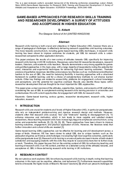 Game-Based Approaches for Research Skills Training and Researcher Development: A Survey of Attitudes and Acceptance in Higher Education