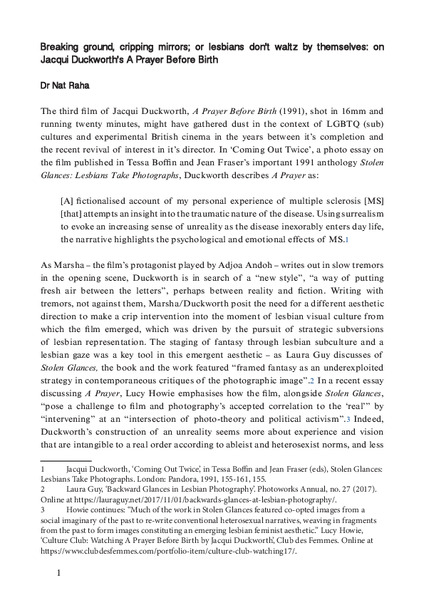 Criping Ground, Breaking Mirrors; or, Lesbians Don't Waltz by Themselves: On Jacqui Duckworth's A Prayer Before Birth