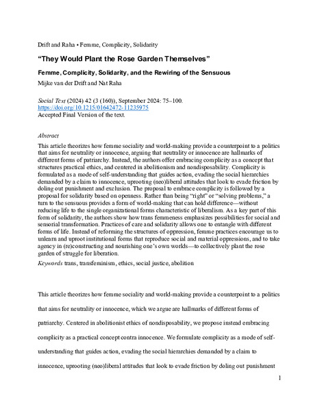 “They Would Plant the Rose Garden Themselves”" Femme, Complicity, Solidarity, and the Rewiring of the Sensuous