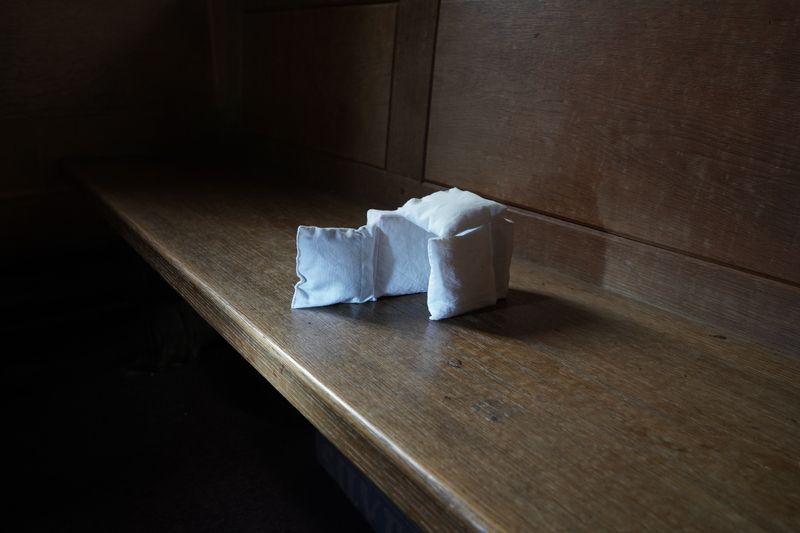 Womb-tomb, 2023, organic plain cotton, waste fabric stuffing, 10 x 10 x 16cm (HxWxD)