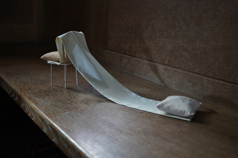 Crawl space, canopy and weighted wing, 2023, balsa wood, bamboo silk dyed with Black Eyed Susan, organic cotton dyed with onion skin and avocado stones, 12 x 20 x 7.5cm (HxWxD)