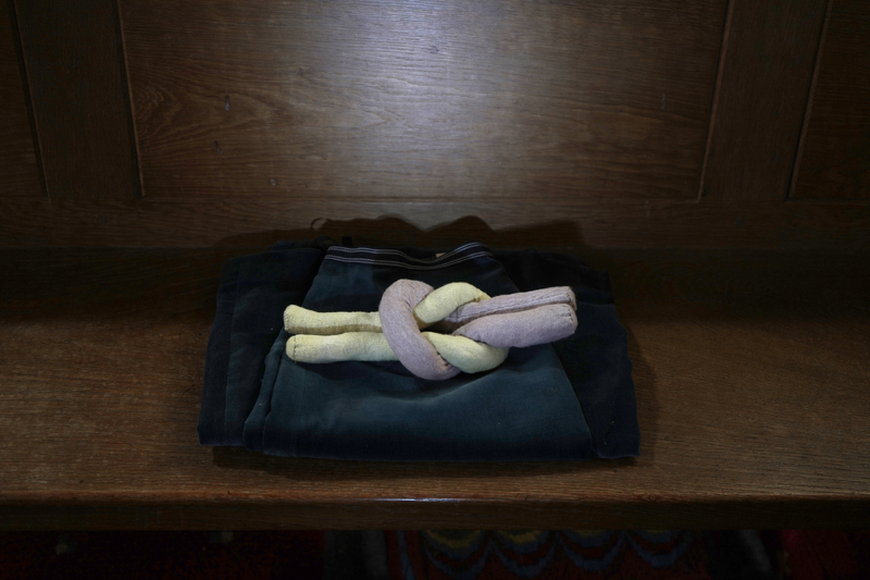 Knotted, 2024, organic brushed cotton dyed with red cabbage and Black-eyed Susan ,velvet skirt, 5 x 25 x 25cm