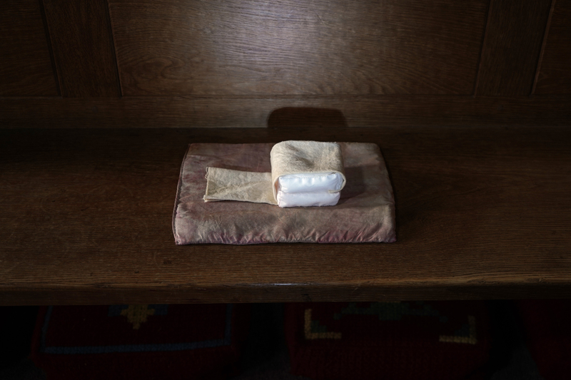 Tucking you up in bed and how small you looked looking up at me, 2023, organic cotton, organic brushed cotton, beetroot dye, waste fabric stuffing, 7.5 x 20 x 7.5cm (HxWxD)