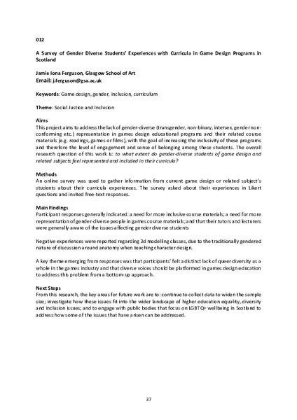 A Survey of Gender Diverse Students' Experiences with Curricula in Game Design Programs in Scotland