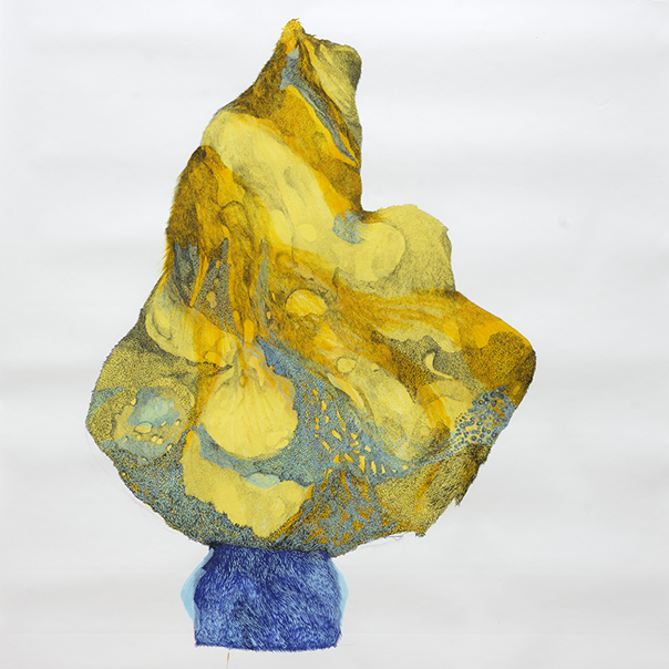 Abstract drawing titled Traumatic Objects, in yellow and blue